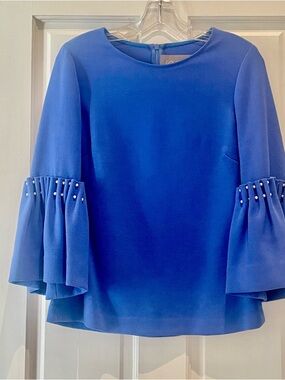Lela Rose Cobalt Blue Bell-Sleeve Pearl-Accent Top